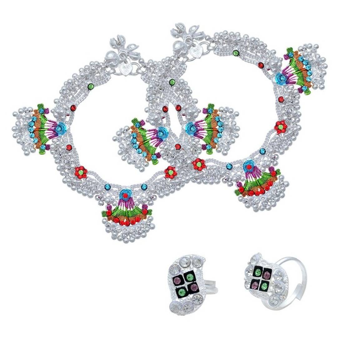 Silver Plated Rare and Exclusive, 1.50 Inch Broad, 85 GMS. Heavy ghungroo Studded Colorful Anklet with Matching Toerings for Women